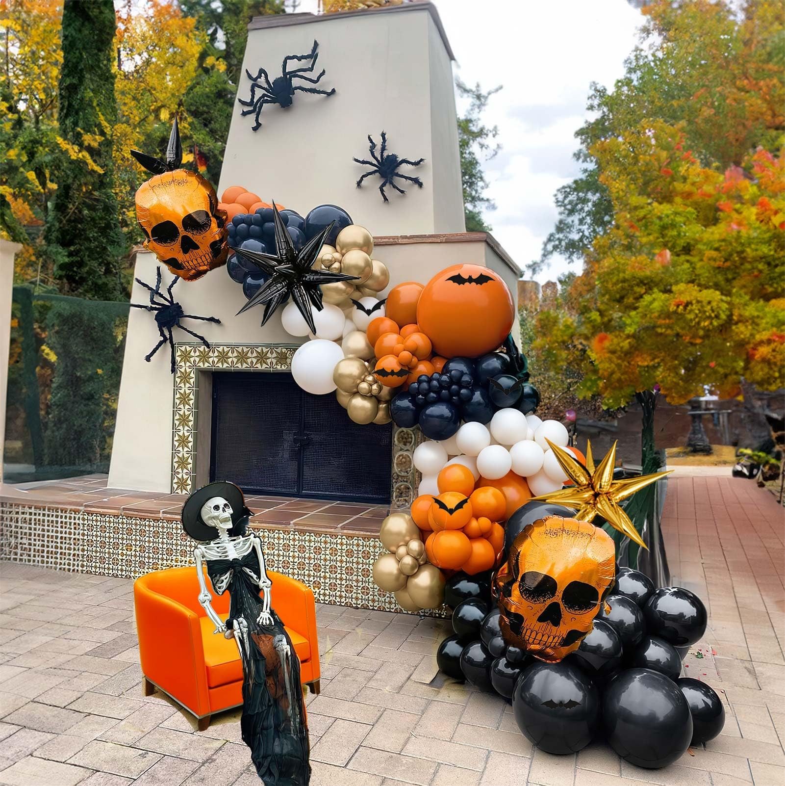 Halloween Orange Black Balloon Garland Arch Kit 117 Pcs and White Gold with Mylar Skull Star Balloons and 3D Bats for Fall Halloween Birthday Baby Shower Decorations