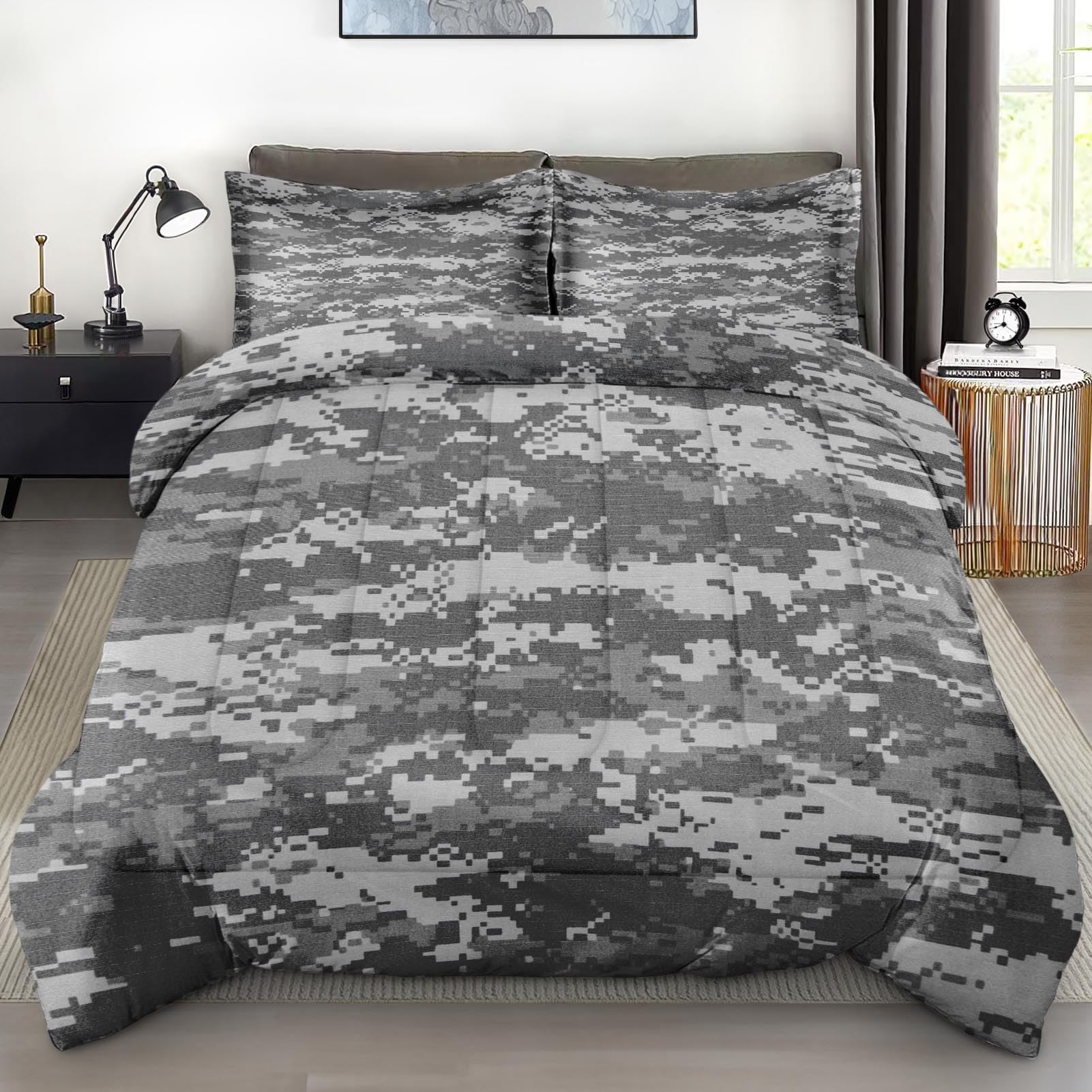 SUMIANYH Queen Size Comforter Set with 2 Pillowcases, Gray Navy Camo Army Camouflage, Bedroom Decor Urban Digital US Military Cozy Bedding for Kids and Adults, Soft Bed Set