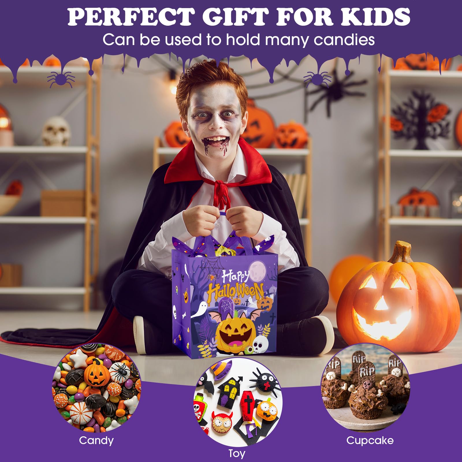 PERFQU 6 Pcs Halloween Goodie Bags - Large Happy Halloween Party Favor Bags, Non-Woven Halloween Tote Goody Candy Gift Bags with Handles for Halloween Themed Trick or Treat Party Favors Supplies