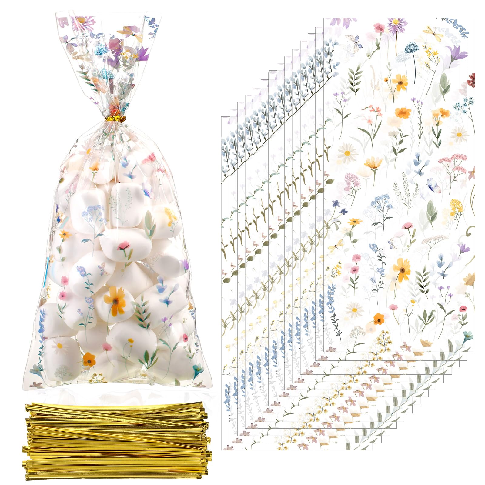 Sweetude 100 Pcs Wildflower Party Cellophane Treat Bags Floral Candy Bags Plastic Clear Goody Bags Flat Bottom Gift Bags for Baby Shower Bridal Shower Birthday Wedding Party Favors,11"x 5"