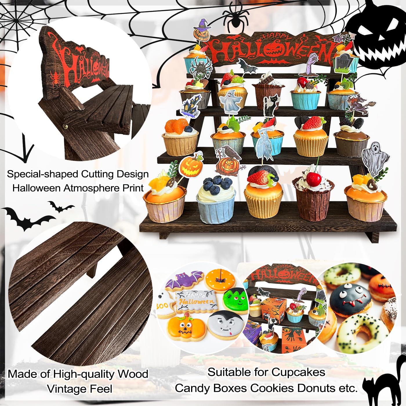 Umgozrz Halloween Wooden Cupcake Stand 4 Tier Rustic Wood Cupcake Stand Halloween Gothic Skull Cupcake Holder Wooden Dessert Display Stand