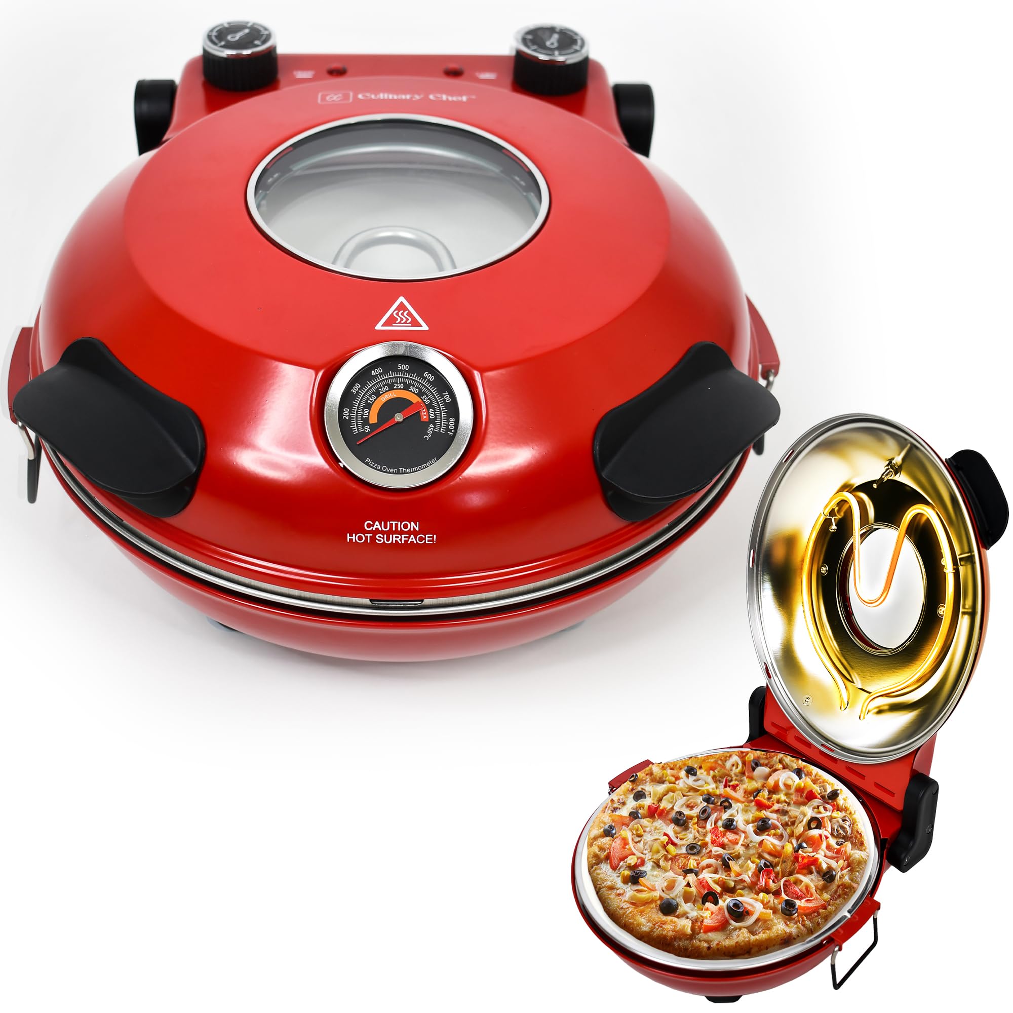 CULINARY CHEF Electric Pizza Oven with Ceramic Stone, Viewing Window, Adjustable Heat Control, Timer and 1200W Baking Power, DIY Homemade Pizzeria, Large 12” Pie Capacity (Red)