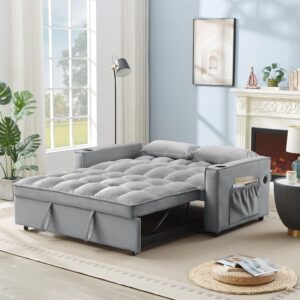 ERYE Full Size Sleeper Sofa Bed Modern 3 in 1 Functional Convertible Loveseat Sofabed with Pull Out Sleep Couch Daybed, Cupholders, USB Charging Ports, 2 Pillows for Living Room