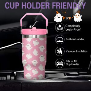 wxmbdzq 30 oz Halloween Tumbler Insulated Stainless Steel - Spooky Goth Ghost Travel Coffee Cup & Water Bottle, Witchy Goth Decor - Cute Ghost Gift For Mom, Dad, Sister - Spirit Halloween Cup, Pink