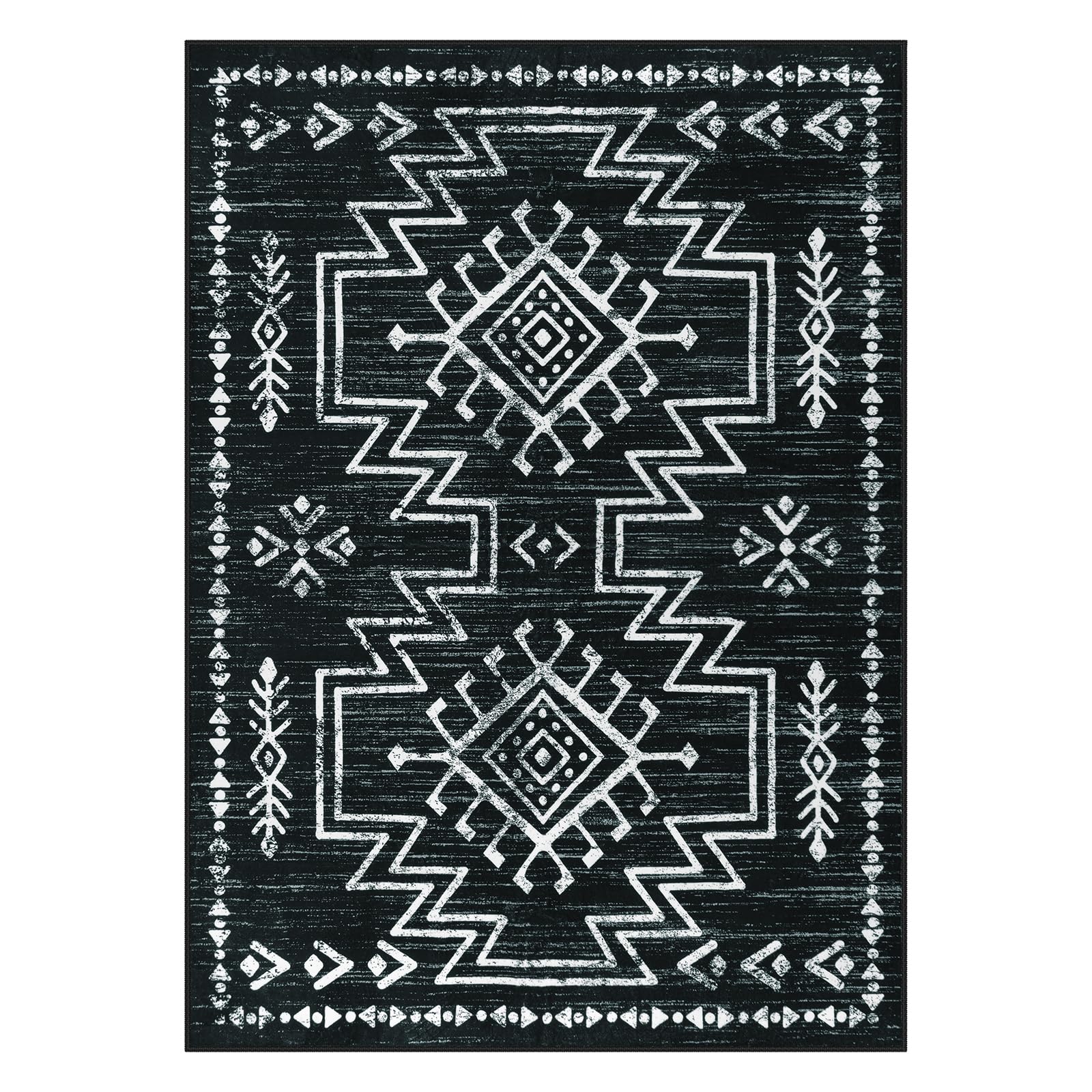 Lahome 5x7 Black Aztec Rug for Bedroom, Moroccan Washable Soft Black and White Rug for Living Room, Dining Room Rug for Under Table, Low Pile Distressed Rug for Home Decor (Black, 5'x7')