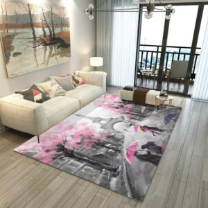 edgzko paris eiffel tower rug: 4x6 pink and gray area rug watercolor paris themed rugs for bedroom living room home dorm hallway non slip carpet indoor floor mat for teen girls