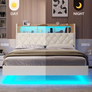 BTHFST Queen Floating Bed Frame with Storage Headboard & LED Lights & Charing Sation, Upholstered Headboard RGB LED Floating Bed with USB-C/A Charging Station, No Box Spring Needed, PU White