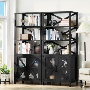 Joaxswe 5 Tier Bookshelf 70" Tall Bookcase with Barn Doors,Large Farmhouse Display Book Shelf with Adjustable Shelves and Storage Cabinet，Library Wood Bookshelves for Living Room,Kitchen,Black