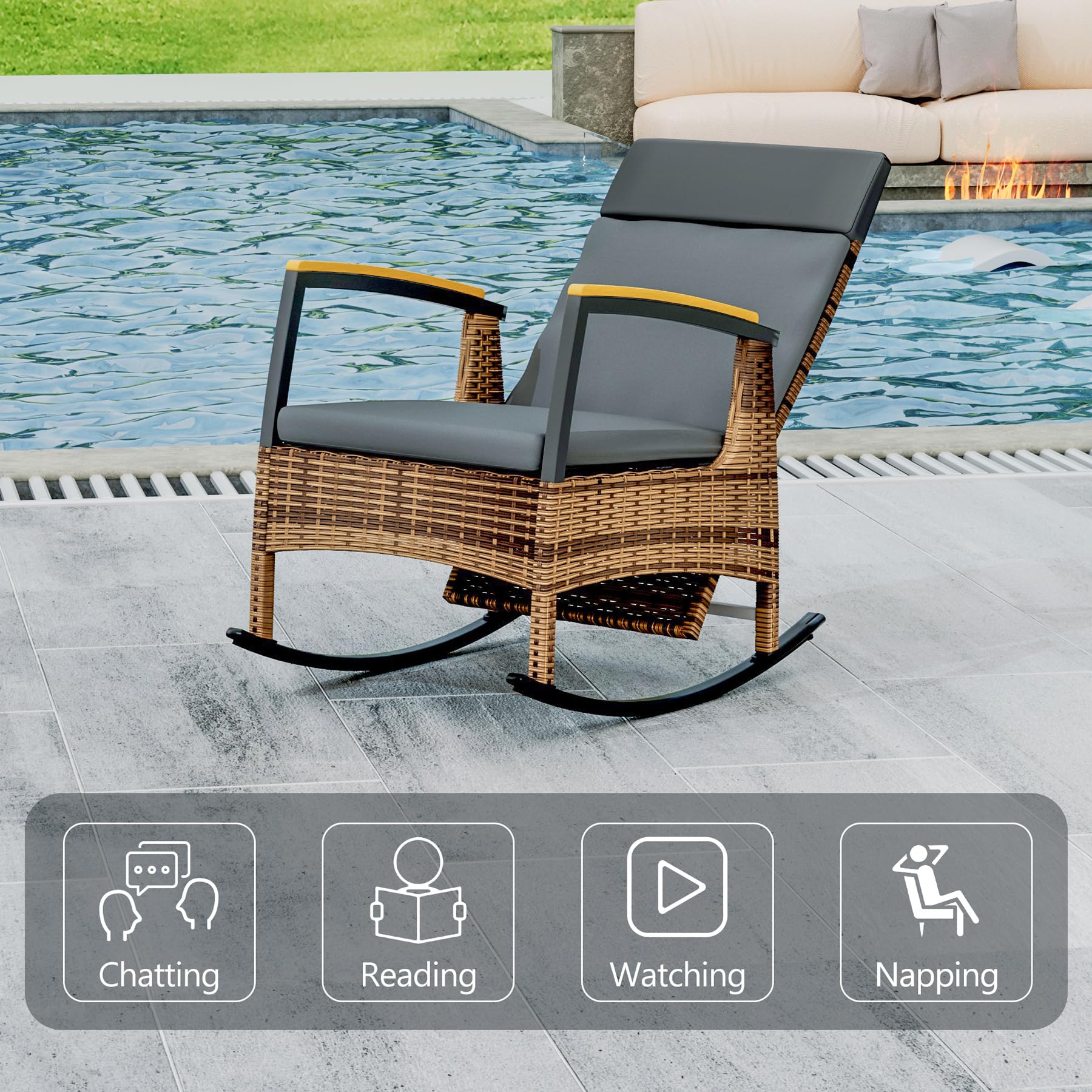 MAXXPRIME Outdoor Recliner Chairs, Adjustable Patio Recliner with C Shaped Glass Top Side Table, Wicker Reclining Lounge Chairs, Rocking Chairs with Removable Cushions for Pool,Deck(Dark Gray)