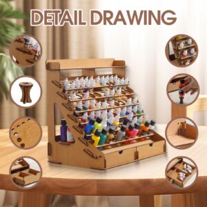 Ytuaebni 16.5 Wooden Paint Organizer and Paint Holder for 74 Paint Bottles with 2 Drawers with Removable Compartments Stands Back storage space for Acrylic Paint Storage and Craft Paint Rack