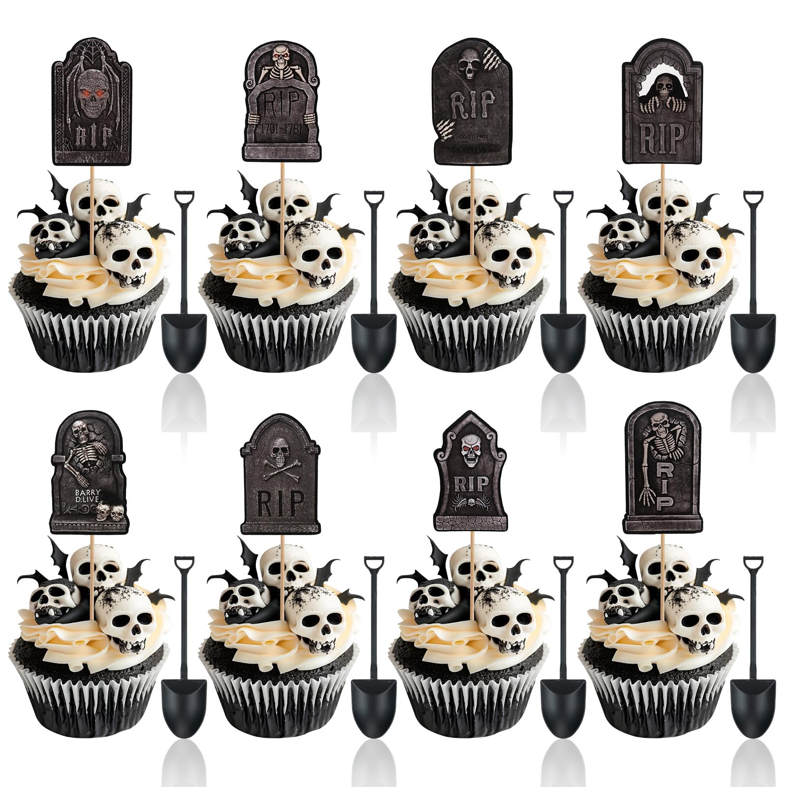 48 Pcs Halloween Cupcake Toppers - Tombstones Graveyard Cake Topper, Halloween Cake Decorations with Mini Shovel Spoons, 8 Designs Halloween Cupcake Picks for Kids Birthday Halloween Party Decorations