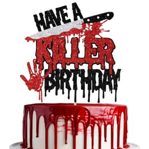 have a killer birthday cake topper, halloween themed birthday cake decorations, horror movie party decor, halloween zombie vampire party decoration supplies glitter