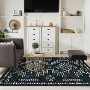 Lahome 5x7 Black Aztec Rug for Bedroom, Moroccan Washable Soft Black and White Rug for Living Room, Dining Room Rug for Under Table, Low Pile Distressed Rug for Home Decor (Black, 5'x7')