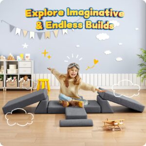 ONBRILL Kids Sofa Couch, 12pcs Modular Play Couch Set, Children Floor Sofa Building Fort, Washable Teddy Cover, Convertible Foam & Floor Cushion, DIY Creative Playroom Furniture for Boys & Girls, Grey