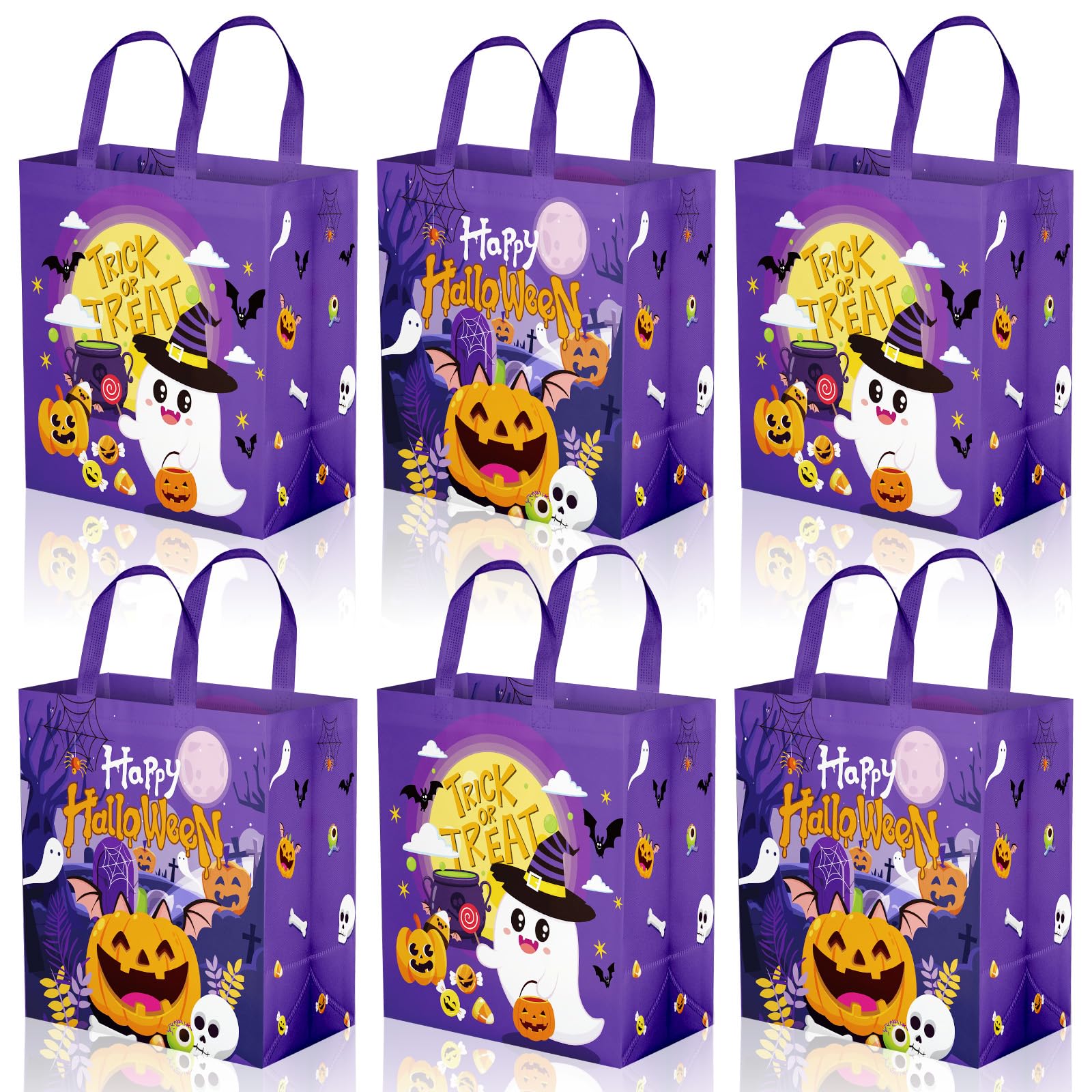 PERFQU 6 Pcs Halloween Goodie Bags - Large Happy Halloween Party Favor Bags, Non-Woven Halloween Tote Goody Candy Gift Bags with Handles for Halloween Themed Trick or Treat Party Favors Supplies