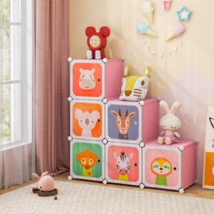 Costzon Kids Closet, Cartoon DIY Modular Dresser Storage Organizer with 8 Cubes & Clothes Hanging Rack, Portable Armoire for Baby Toddlers, Kids Wardrobe for Bedroom Nursery, Pink