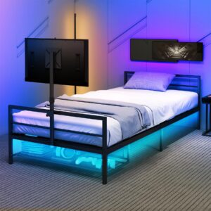 hrveocei full size gaming bed with led, rotating tv mount with vented console storage & usb, metal smart mesh frame with slats, black