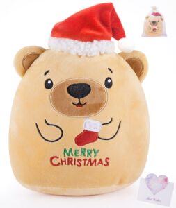 leyoha christmas plush bear stuffed animals - teddy bear plush toys with santa hat gift, kids' pillow cushion, gifts for holiday kids, light brown, 8 inch