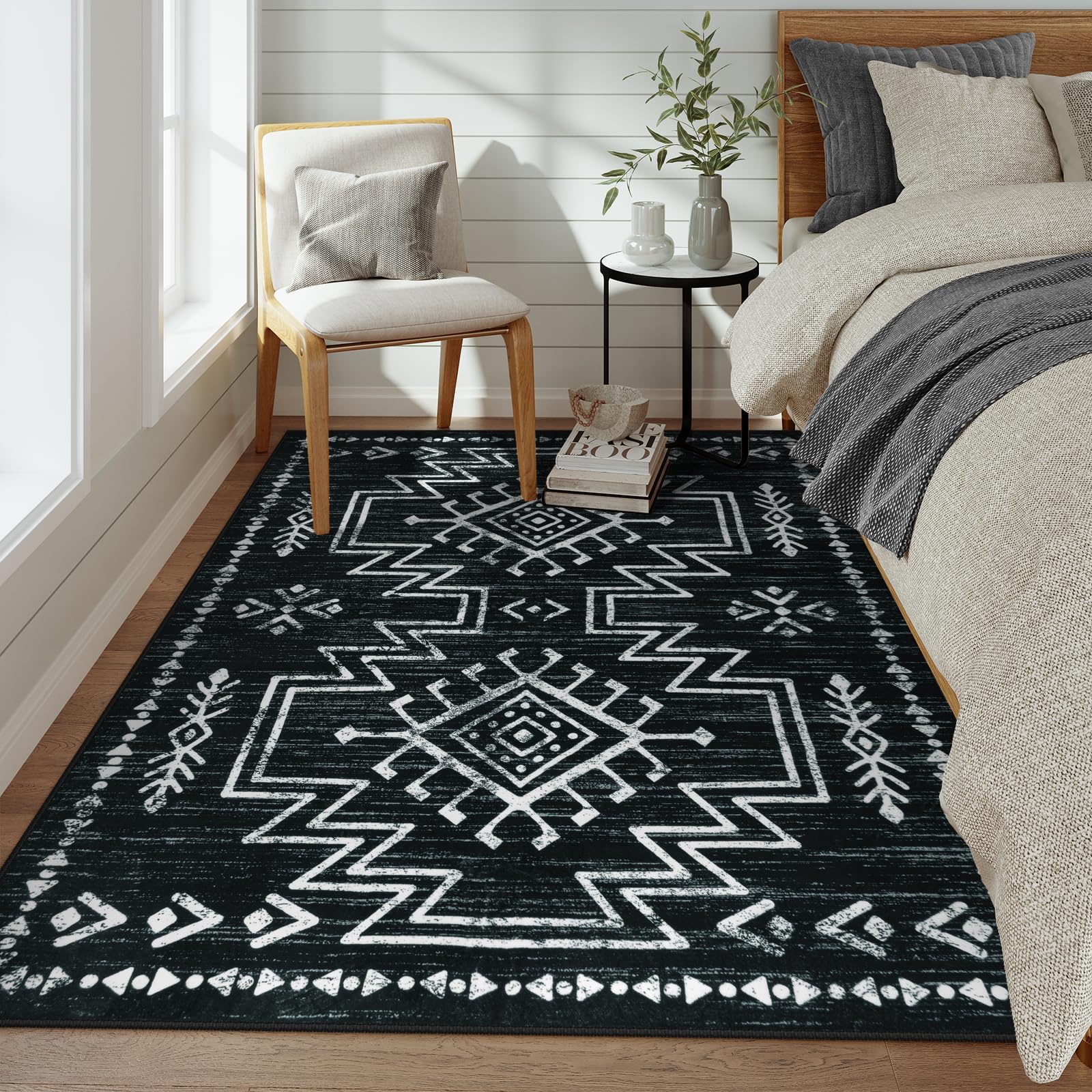 Lahome 5x7 Black Aztec Rug for Bedroom, Moroccan Washable Soft Black and White Rug for Living Room, Dining Room Rug for Under Table, Low Pile Distressed Rug for Home Decor (Black, 5'x7')