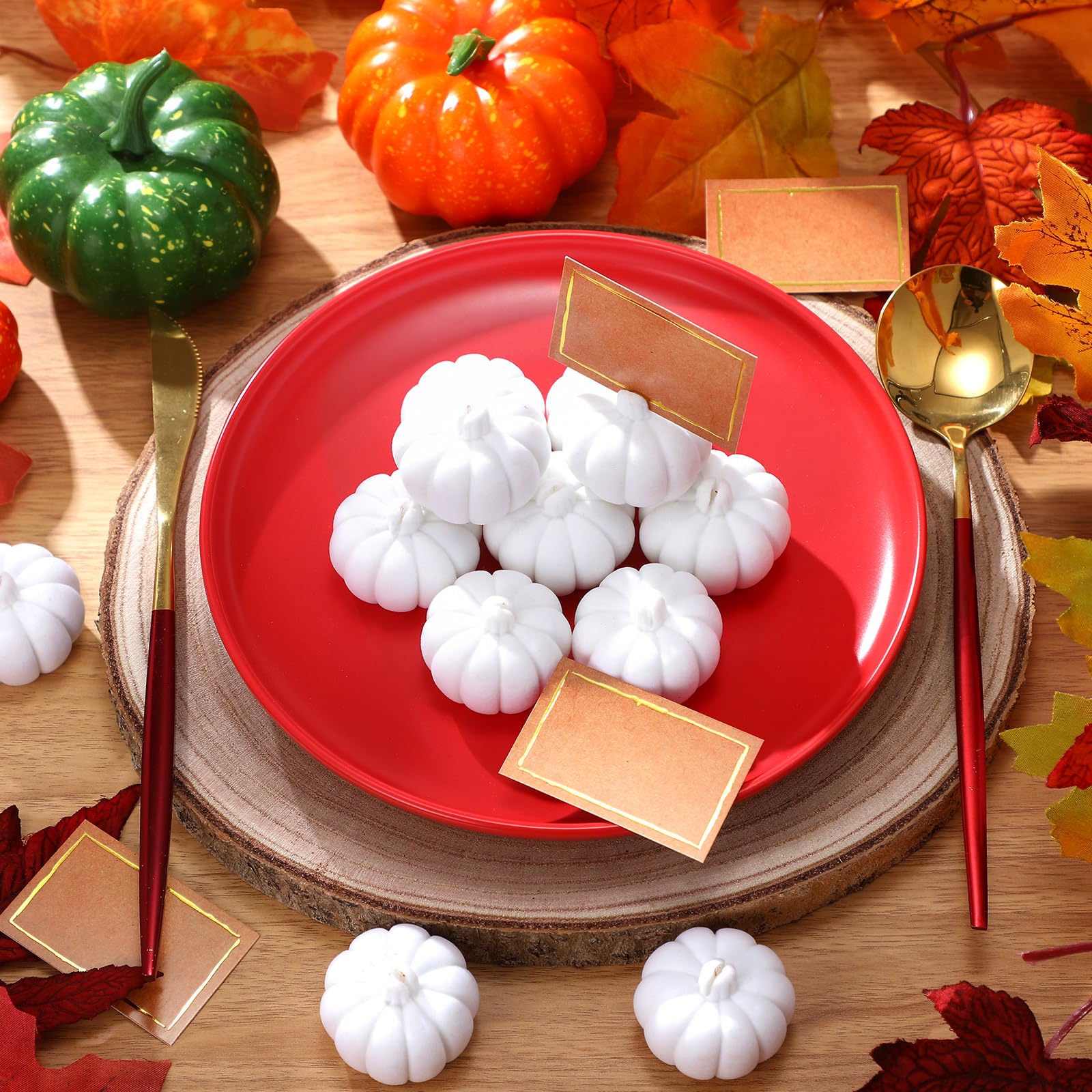 Wonderjune 6 Sets Thanksgiving Artificial Pumpkins Harvest Fall Decoration Autumn Home Decoration with Cards for Fall Themed Party(White)