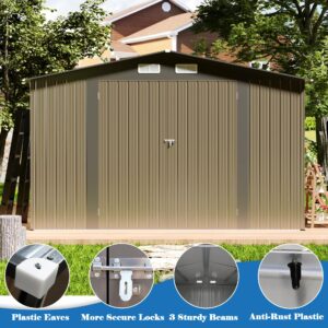 TIMWNER Large Storage Shed, 10' × 8' FT Metal Storage Shed with Lockable Door, Waterproof Shed Outdoor Use, Tool Shed with Windows for Bike, Garden, Brown