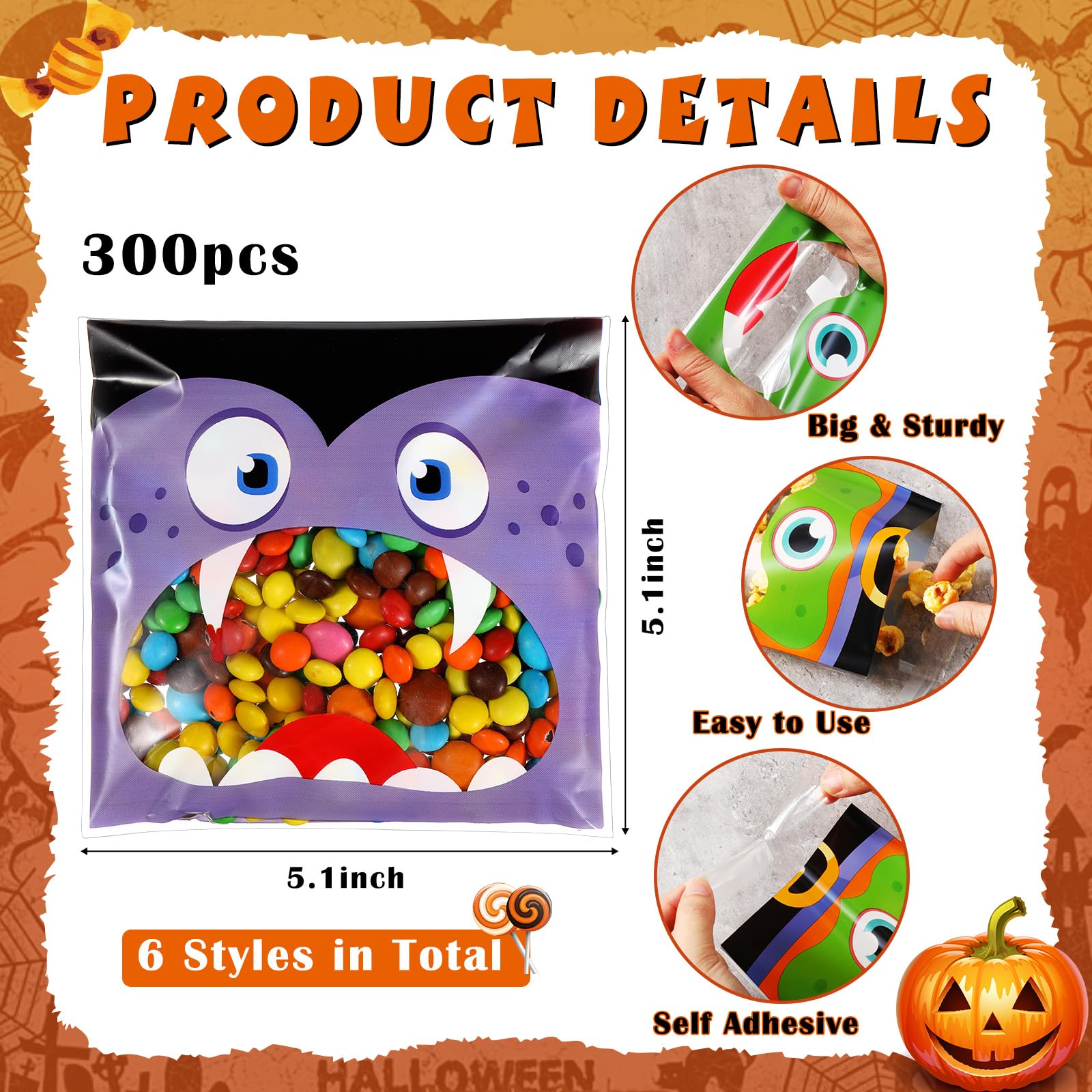 Cholemy 300 Pieces Halloween Treat Bags Self Adhesive Trick or Treat Candy Bags Bulk Witch Bat Clear Plastic Cellophane Bags for Happy Halloween Party Favors Cookies Goodies Wrapping (Funny)