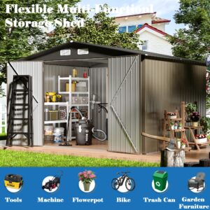 TIMWNER Large Storage Shed, 10' × 8' FT Metal Storage Shed with Lockable Door, Waterproof Shed Outdoor Use, Tool Shed with Windows for Bike, Garden, Brown