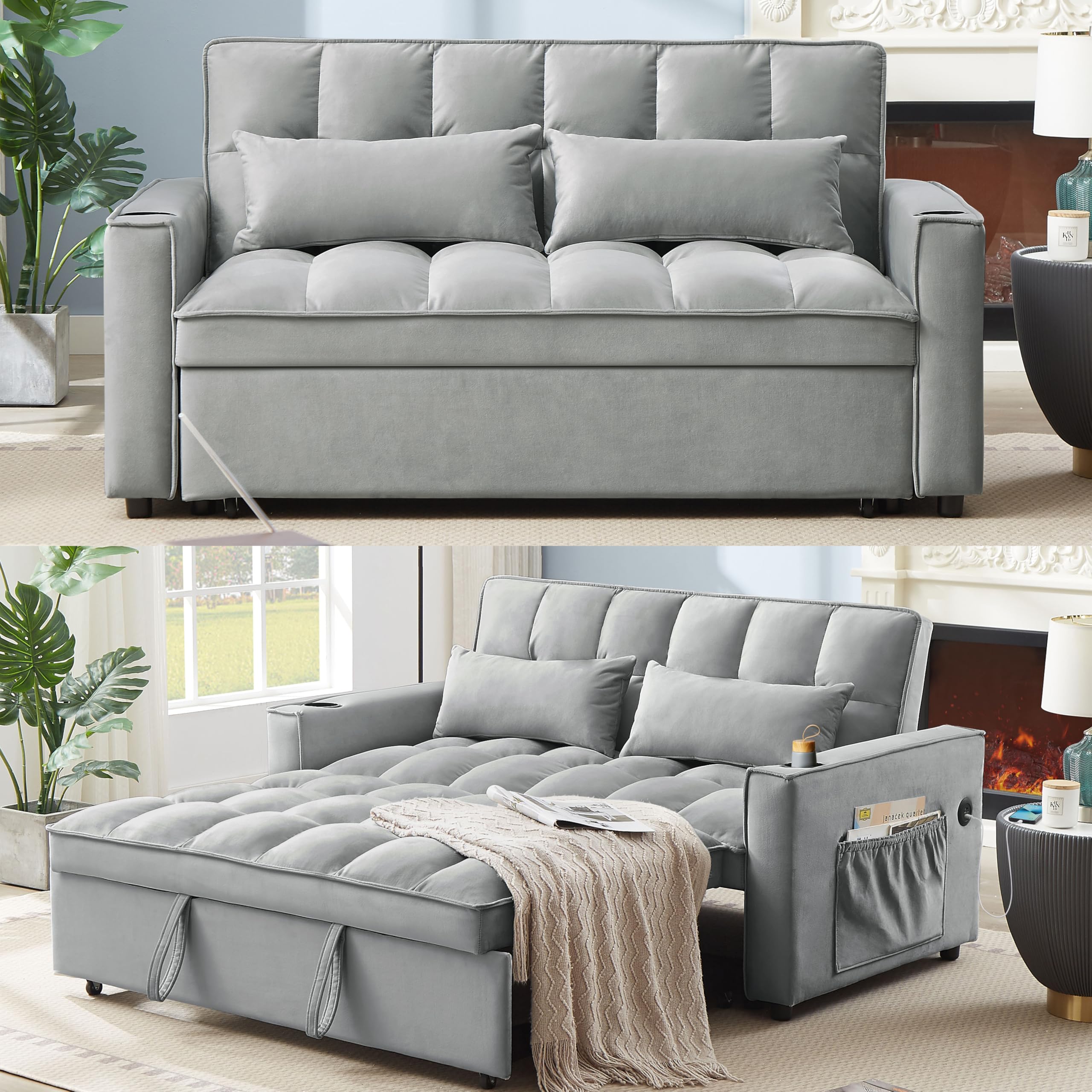 ERYE Full Size Sleeper Sofa Bed Modern 3 in 1 Functional Convertible Loveseat Sofabed with Pull Out Sleep Couch Daybed, Cupholders, USB Charging Ports, 2 Pillows for Living Room