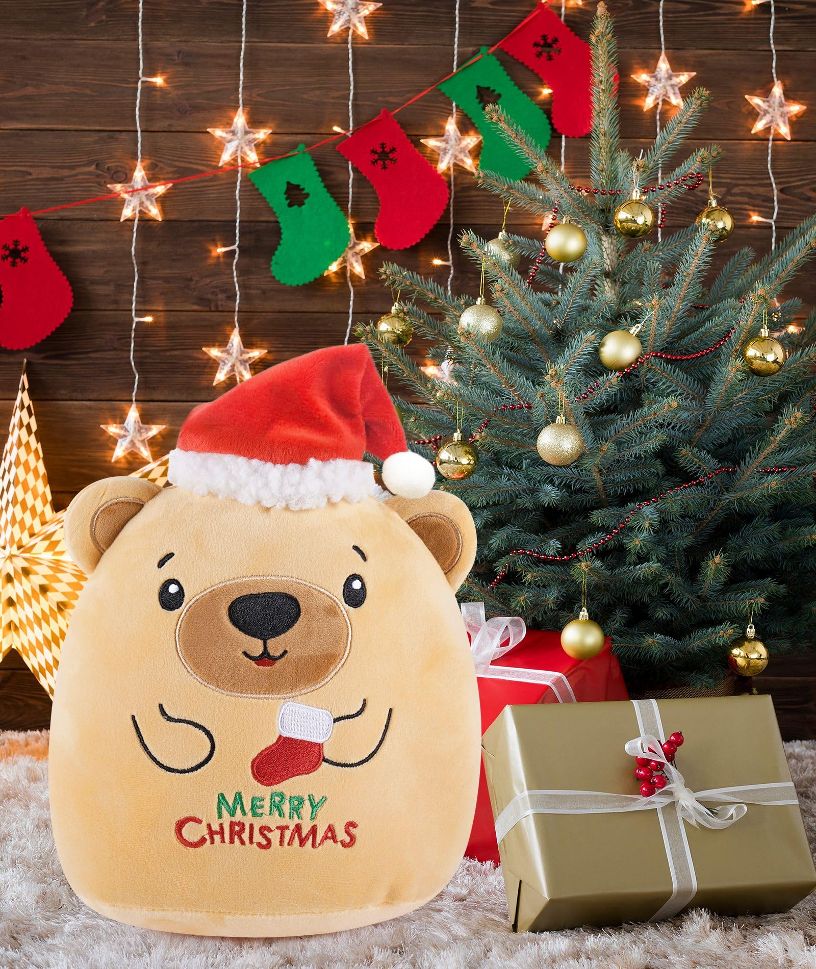 LeYoHa Christmas Plush Bear Stuffed Animals - Teddy Bear Plush Toys with Santa Hat Gift, Kids' Pillow Cushion, Gifts for Holiday Kids, Light Brown, 8 Inch