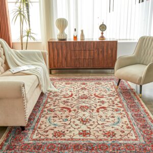 simple&opulence boho area rug 6x9 for living room, machine washable non slip low pile vintage carpet for bedroom, dining room, office, tribal floral printed rug home decor for office(red)