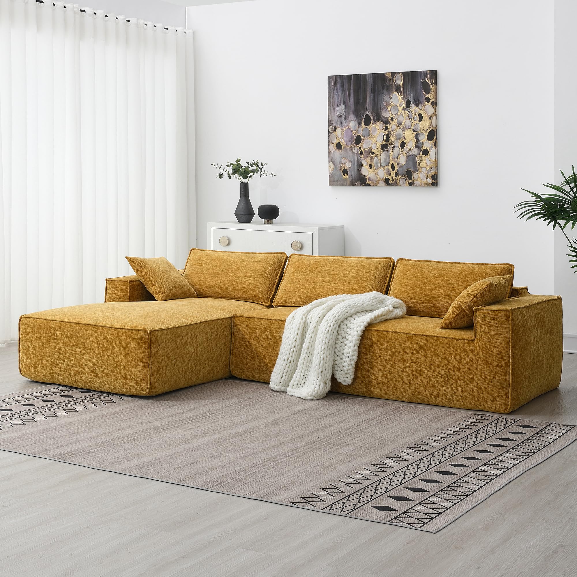 Modern L-Shaped Convertible Sectional Sofa, Modular Couch Set with Cushions, 4-Seat Sleeper Bed with Chaise for Living Room Yellow