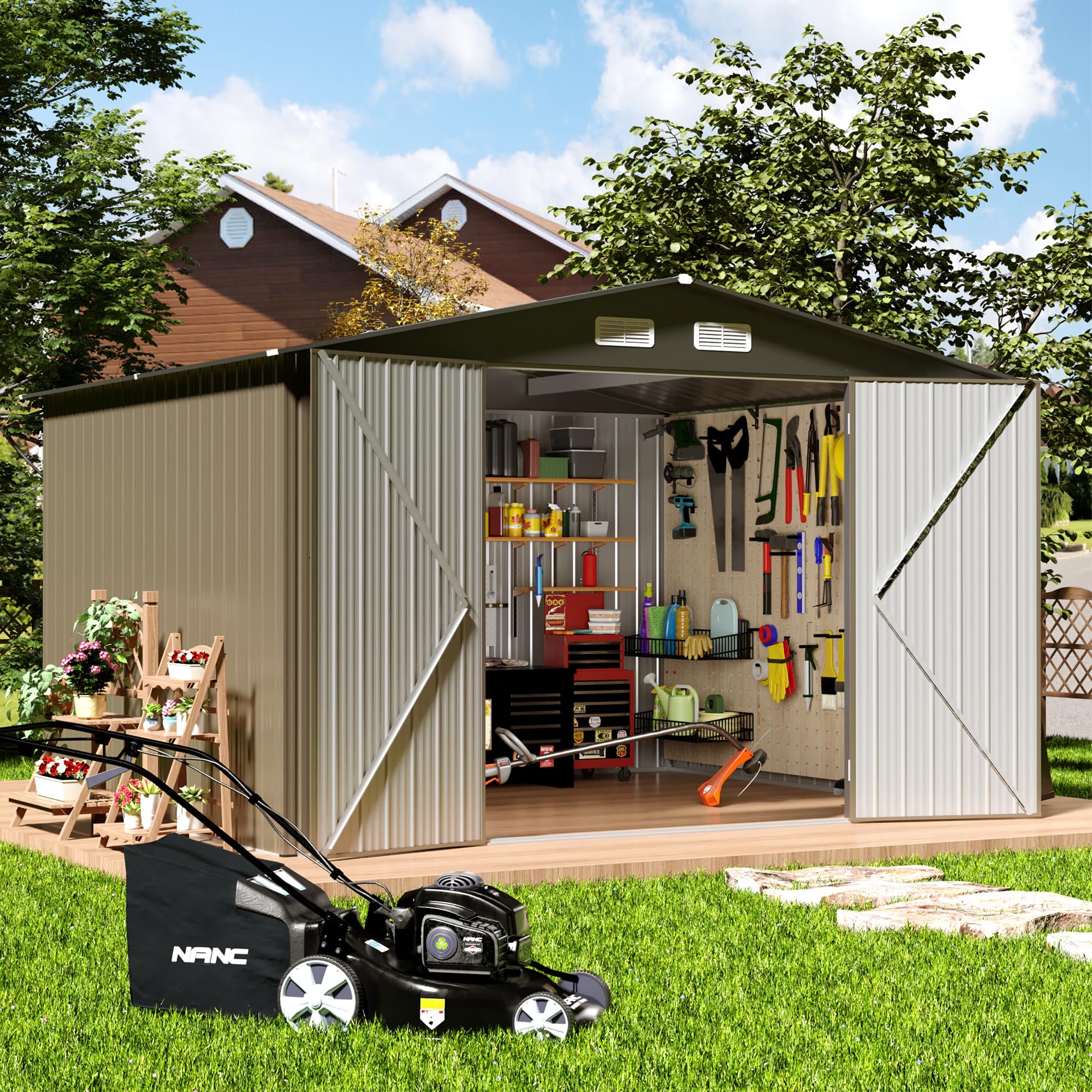 TIMWNER Large Storage Shed, 10' × 8' FT Metal Storage Shed with Lockable Door, Waterproof Shed Outdoor Use, Tool Shed with Windows for Bike, Garden, Brown