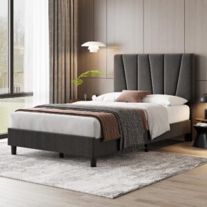 IDEALHOUSE Twin Bed Frame with Headboard,Linen Upholstered Platform Bed with Adjustable Diagonal Channel Tufted Headboard, Mattress Foundation with Strong Wooden Slats, Box Spring Optional, Grey