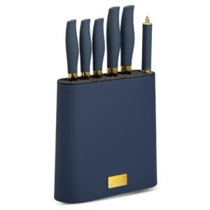 Generic Beautiful 7-Piece Slim Block Knife Set with Gold Blades and Blue Block