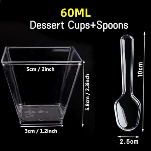 Wnqou 60ml Clear Dessert Cups with Spoons,50Pcs Reusable Plastic Dessert Cups,Mini Serving Bowl for Desserts Mousses,Puddings,Party ﻿