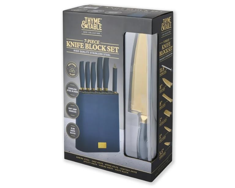 Generic Beautiful 7-Piece Slim Block Knife Set with Gold Blades and Blue Block