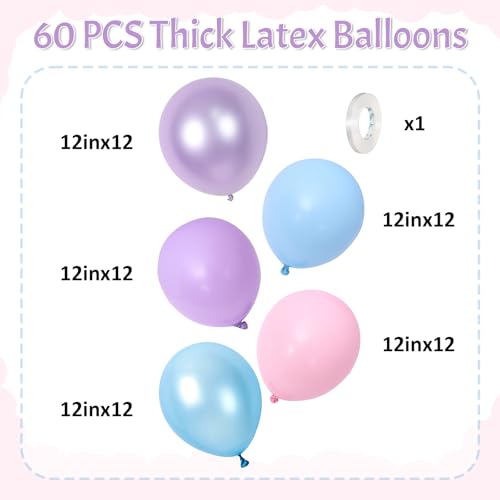 HILAVO Pink Purple Blue Balloons 60Pcs 12 Inch Pastel Pink Blue Purple Party Balloons Metallic Pearl Blue Purple Latex Balloon for Girl Mermaid Winter Frozen Birthday Baby Shower Party Decoration