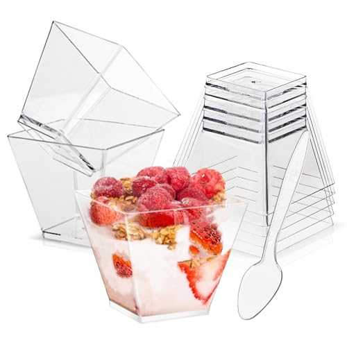 Wnqou 60ml Clear Dessert Cups with Spoons,50Pcs Reusable Plastic Dessert Cups,Mini Serving Bowl for Desserts Mousses,Puddings,Party ﻿