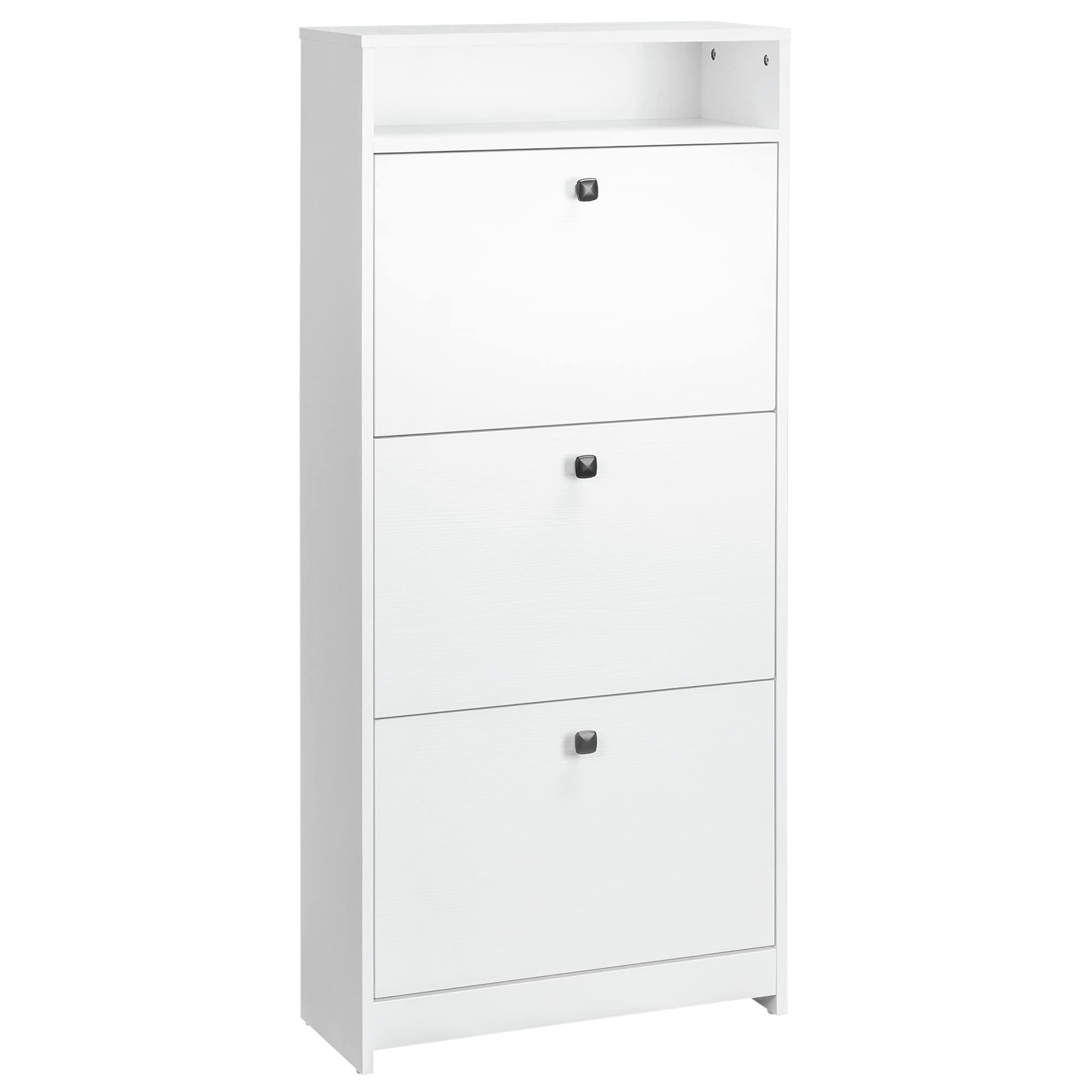 HOMCOM Slim Shoe Cabinet, Trendy Shoe Storage Cabinet with 3 Large Fold-Out Drawers & a Spacious Top Surface for Small Items, White