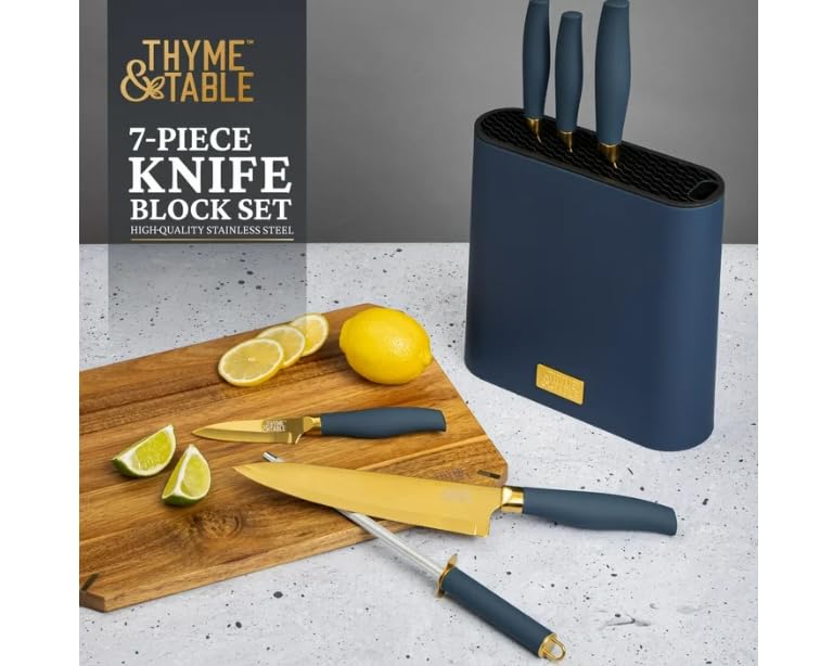 Generic Beautiful 7-Piece Slim Block Knife Set with Gold Blades and Blue Block