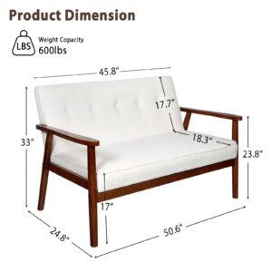 JIASTING Mid Century Modern 2 Seat Sofa Couch with Wood Arms, Small Love Seat Sofa Couches for Small Spaces, Small Loveseat Couch for Bedroom, Office, Living Room, Waiting Room (White)