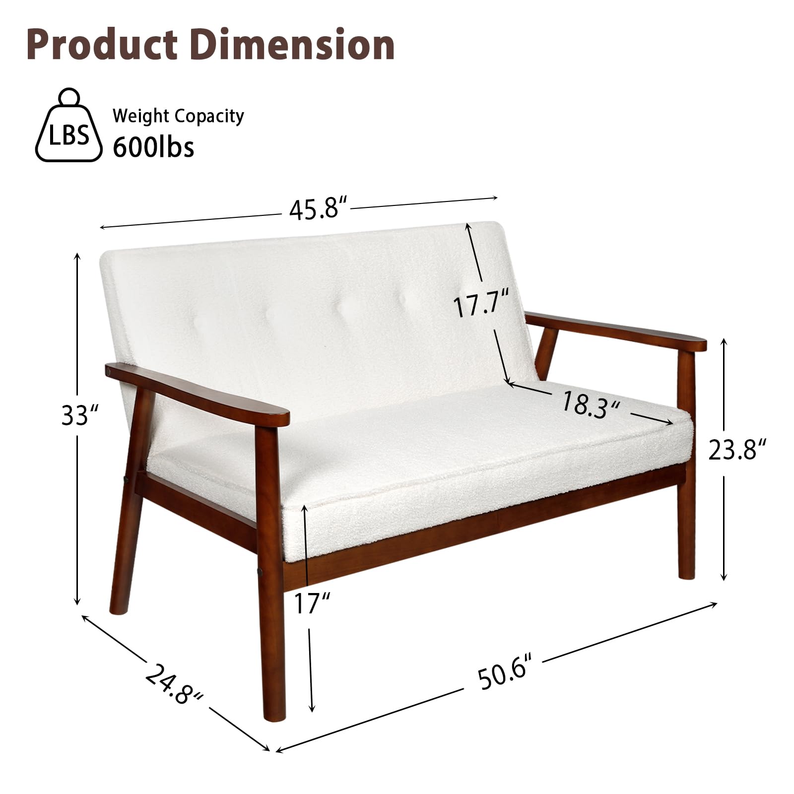 JIASTING Mid Century Modern 2 Seat Sofa Couch with Wood Arms, Small Love Seat Sofa Couches for Small Spaces, Small Loveseat Couch for Bedroom, Office, Living Room, Waiting Room (White)