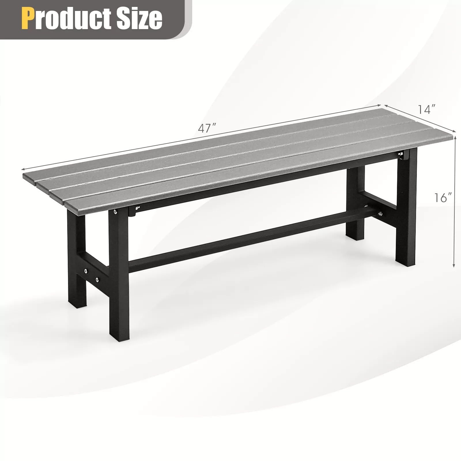 VcJta Outdoor Garden BENCH Grey HDPE & Metal Frame 47"x14"x16" Yard Seating Furniture Weatherproof Sturdy Versatile