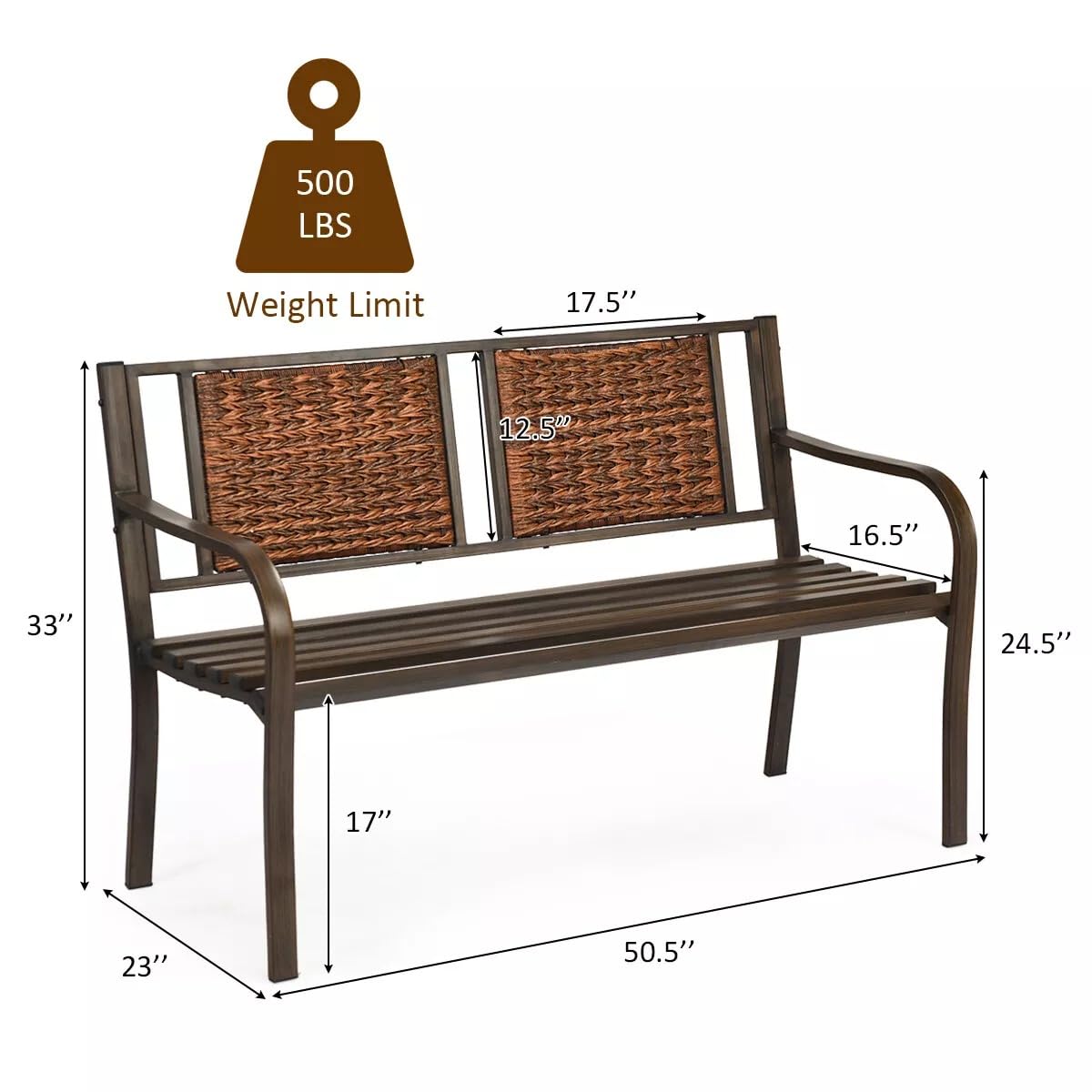 VcJta Patio Garden BENCH Outdoor Furniture Steel Frame Rattan Backrest Park BENCH