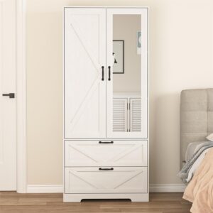 uzugul armoire wardrobe closet with mirror door and 2 drawer,farmhouse bedroom armoire cabinet with hanging rod and light,wooden wardrobe cabinet closet with adjustable shelf for bedroom