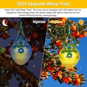 Wasp Traps Outdoor Hanging, Yellow Jacket Wasp Catcher for Trapping Hornet, Non-Toxic Reusable Wasp Catcher for Outdoors Trapping Wasp, Wasp Trap Solar Power Outdoor with LED Light （2P-Yellow）