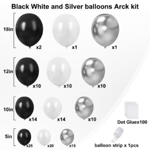 FHEKFNG Black and Silver Balloons, 132pcs 5 10 12 18 Inch Black White Silver Balloons Garland Arch Kit for Birthday, Wedding, Graduation, Bridal Shower, Anniversary Party Decorations