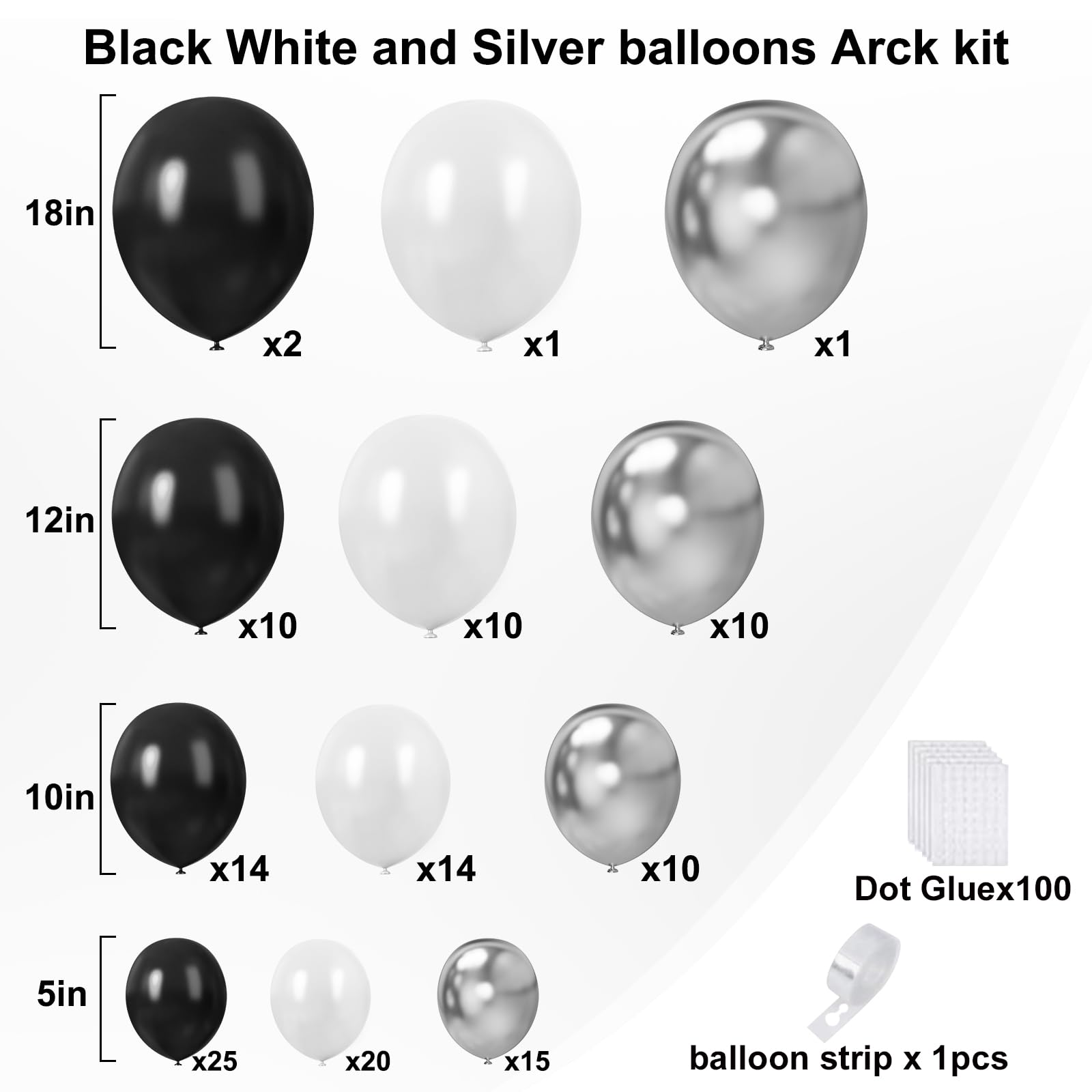 FHEKFNG Black and Silver Balloons, 132pcs 5 10 12 18 Inch Black White Silver Balloons Garland Arch Kit for Birthday, Wedding, Graduation, Bridal Shower, Anniversary Party Decorations