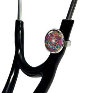 personalized calaveras sugar skull stethoscope name charm - adjustable id for stethoscope tubing fits all stethoscopes - hospital nurse accessories for work, doctor graduation gift