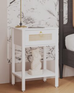 joonee rattan nightstand，modern farmhouse bedside table with storage drawer and shelf (white)